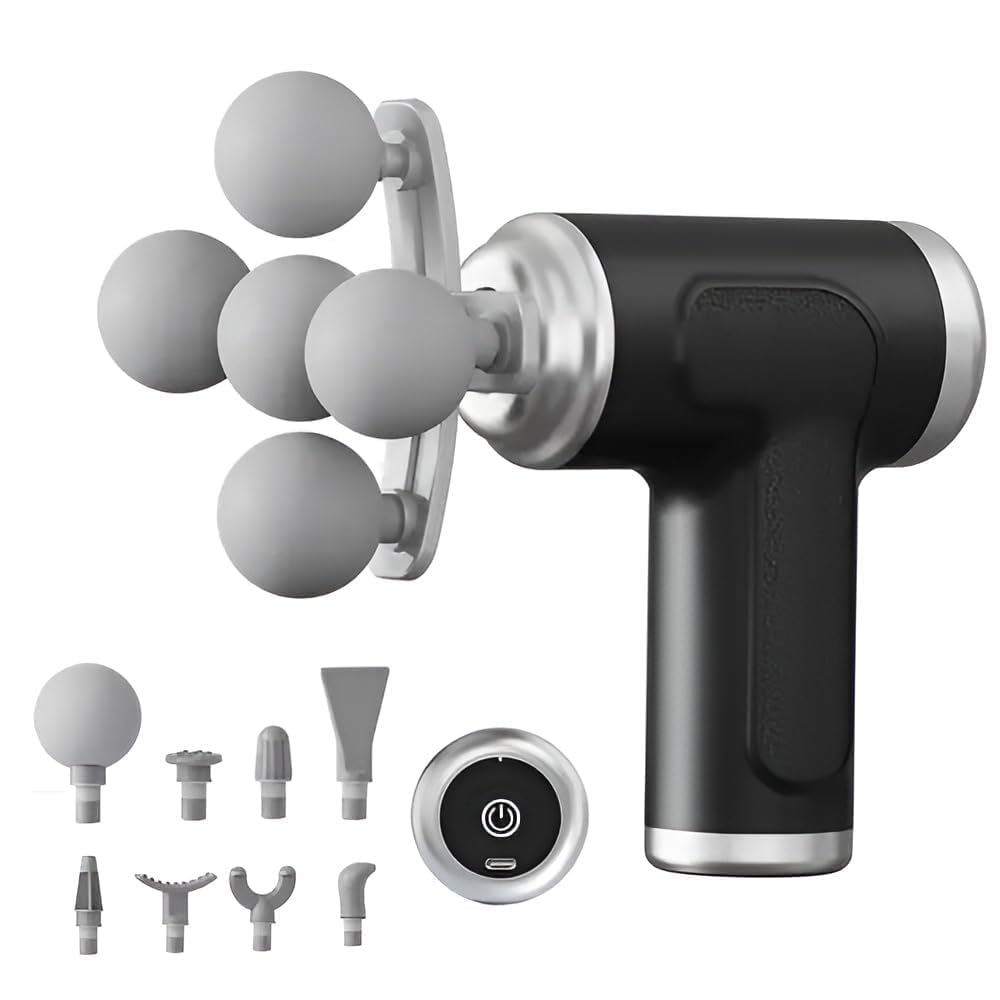 LAWRANT - 9 IN 1 Gun Massager for Pain Relief 5 Speed Settings Rechargeable, 9 Massage Heads, 3 Modes for Full Body