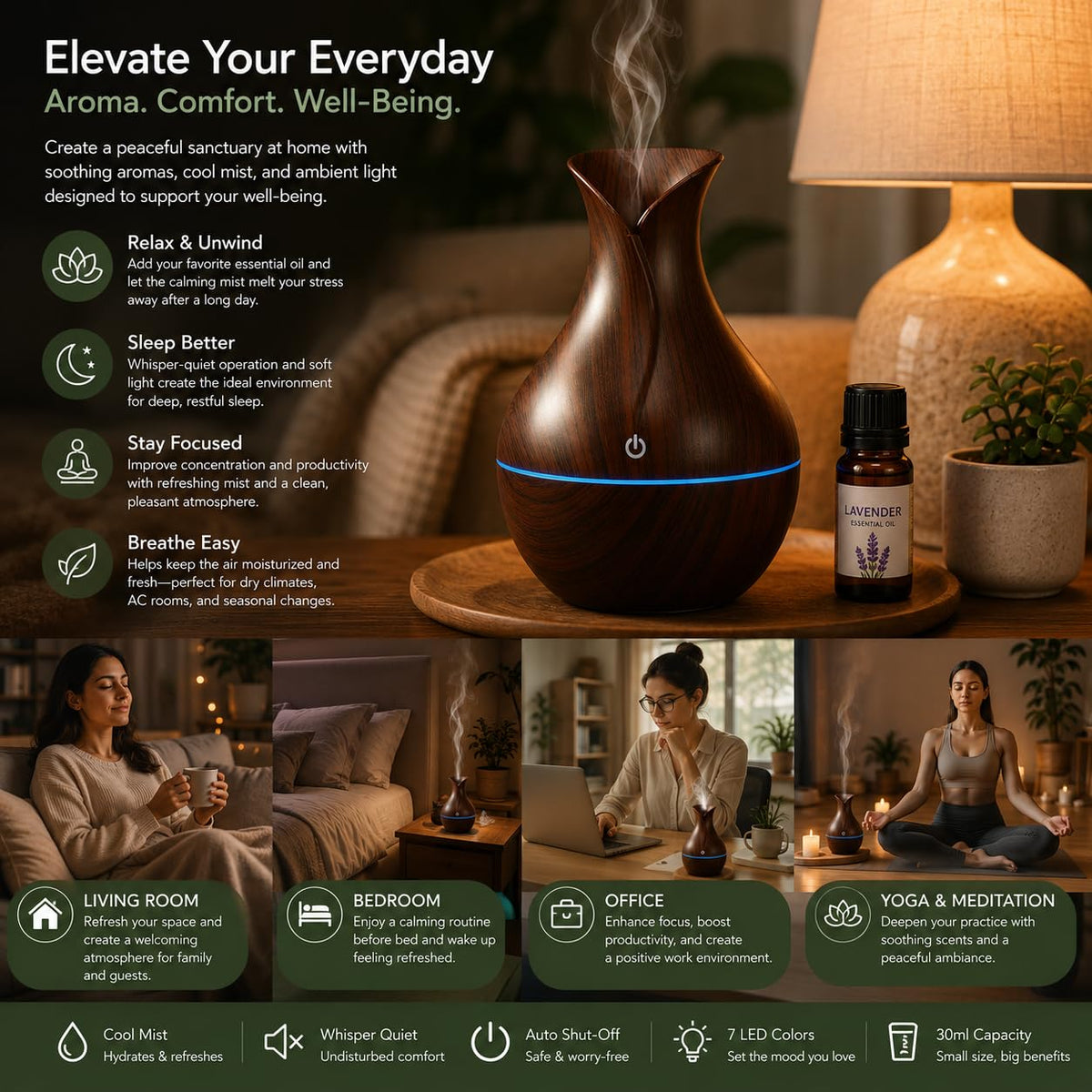 LAWRANT - Ultrasonic Wood Grain Aroma Diffuser with Cool Mist, Essential Oil Aromatherapy & LED Ambient Light