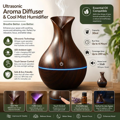LAWRANT - Ultrasonic Wood Grain Aroma Diffuser with Cool Mist, Essential Oil Aromatherapy & LED Ambient Light