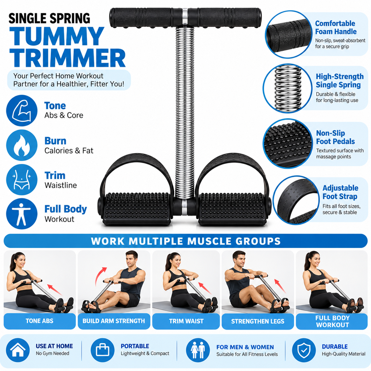 Single Spring Tummy Trimmer – Step-by-Step Guide for Abs, Arms, Legs, Waist & Full-Body Training