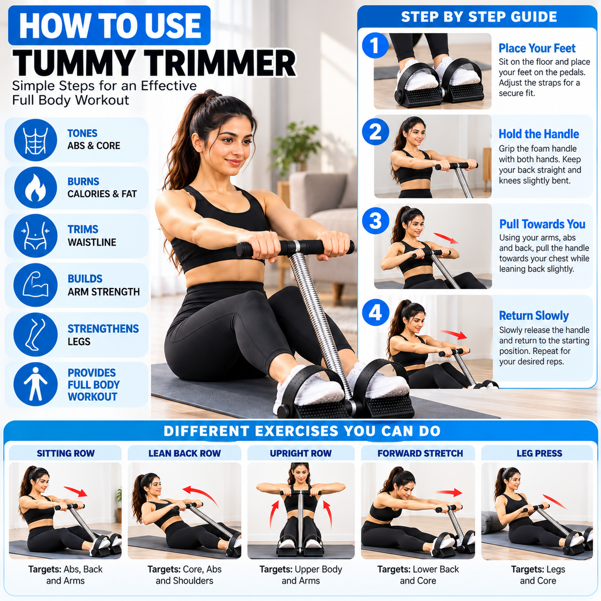 Single Spring Tummy Trimmer – Step-by-Step Guide for Abs, Arms, Legs, Waist & Full-Body Training