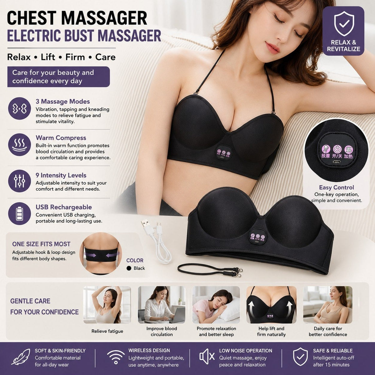 LAWRANT - Electric Bust & Chest Massager with Heat, Vibration, 3 Massage Modes, 9 Intensity Levels & USB Rechargeable Design