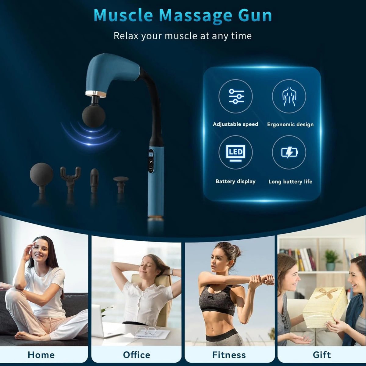 LAWRANT - U Shape Massage Gun with Extension Handle Percussion Massage Gun for Pain Relief